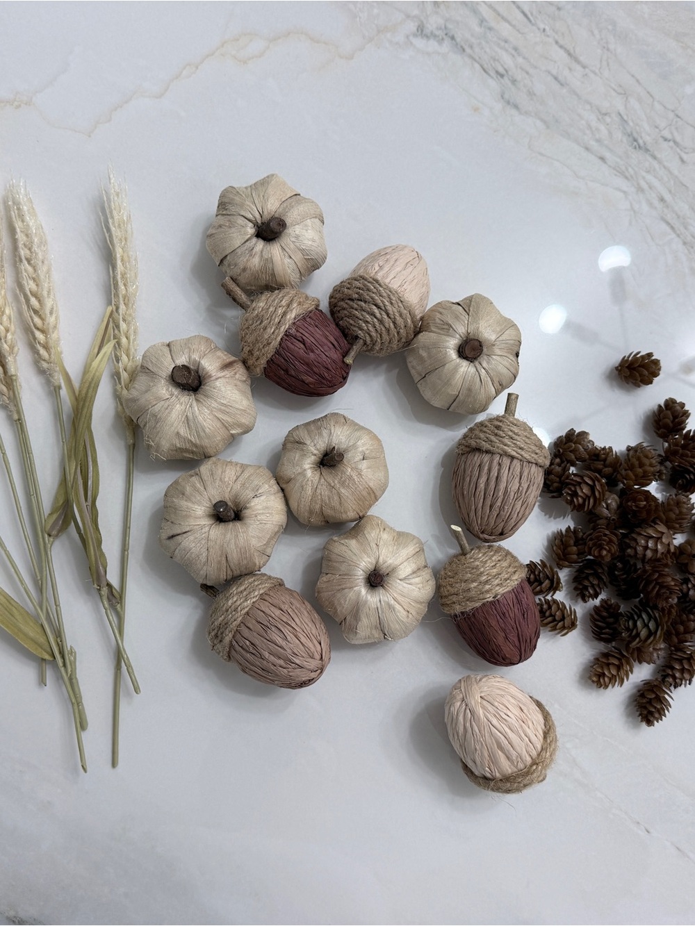 Neutral Decorative Mini Pumpkins & Acorns - Fall Table Accents
